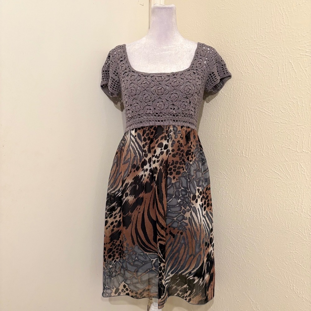Y2K Grey Crochet Animal Print Artsy Mini Dress Small Boho Safari Indie Grunge